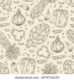 Seamless pattern with vegetables: garlic, artichoke, celery, apium graveolens, pepper. Vector hand drawn illustration.