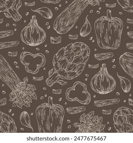 Patrón sin fisuras con verduras: ajo, alcachofa, apio, graveolens, pimienta. Vector dibujado a mano ilustración.
