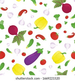 Seamless pattern with vegetables. Garlic, tomato, cucumber, beet, broccoli, bell pepper and chili. Vector illustration