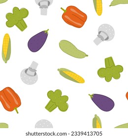 Seamless pattern with vegetables green broccoli, champignon, mushroom, eggplant, corn cob, zucchini, pepper on white background for fabric textile, print, wallpaper, apparel, wrapping