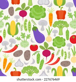 Seamless pattern with Vegetables: green peas, beet, pepper, cucumber, kohlrabi, corn, garlic, broccoli, potato, pepper chili, onion, tomato, mushrooms, eggplant, cabbage, carrot.