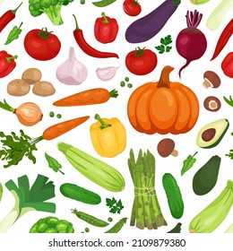 Seamless pattern of vegetables grouped by color like traffic lights green, yellow, red. Vector vegetables in flat style. organic healthy food