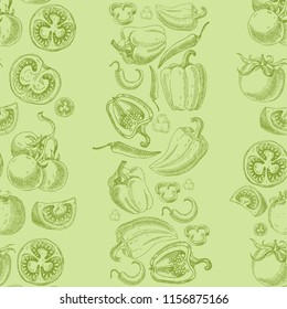 Seamless pattern with vegetables. Hand drawn vegan texture. Vegetarian food vector background