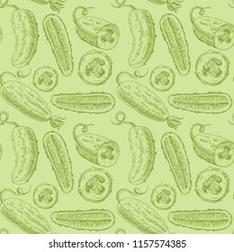 Seamless pattern with vegetables. Hand drawn vegan texture. Vegetarian food vector background
