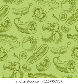 Seamless pattern with vegetables. Hand drawn vegan texture. Vegetarian food vector background