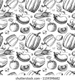 Seamless pattern with vegetables. Hand drawn vegan texture. Vegetarian food vector background