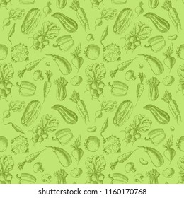 Seamless pattern with vegetables. Hand drawn vegan texture. Vegetarian food vector background