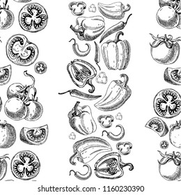  Nahtloses Muster mit Gemüse. Handgezeichnete veganische Textur. Vegetarisches Essen Vektorillustration Hintergrund
