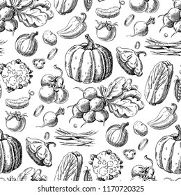 Seamless pattern with vegetables. Hand drawn vegan texture. Vegetarian food vector background