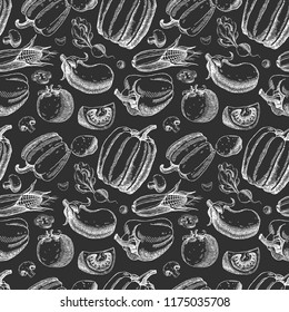 Seamless pattern with vegetables. Hand drawn vegan texture. Vegetarian food vector background