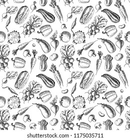 Seamless pattern with vegetables. Hand drawn vegan texture. Vegetarian food vector background