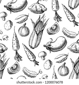 Seamless pattern with vegetables. Hand drawn vegan texture. Vegetarian food vector background