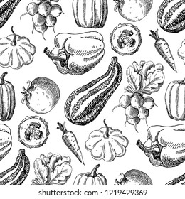 Seamless pattern with vegetables. Hand drawn vegan texture. Vegetarian food vector background