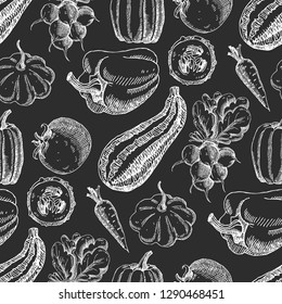 Seamless pattern with vegetables. Hand drawn vegan texture. Vegetarian food vector background