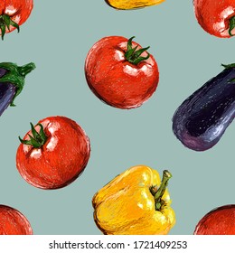 Seamless pattern with vegetables in a hand drawn doodle style. Vector illustration of healthy food.