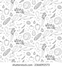 Seamless pattern with vegetables in hand drawn style.