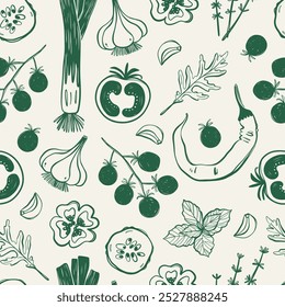 Seamless Pattern with Vegetables. Hand Drawn Linear Style.