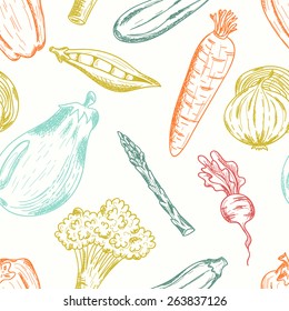 Seamless pattern with vegetables. Hand drawn vegetables made in vector. Eggplant, onion, carrot, zucchini, been, radish, broccoli and other vegetables.