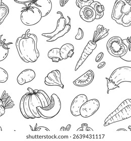 seamless pattern with vegetables. Hand drawn food illustration. Simple outline background for web design, product packaging, napkins, backdrops. Vector
