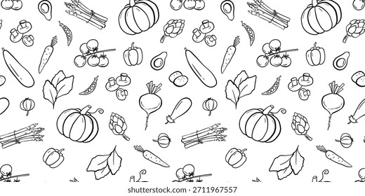 Padrão perfeito com legumes desenhados à mão ilustrações. Contorno de abóbora, abobrinha, pimenta e tomates esboço isolado no fundo branco