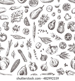 Seamless pattern with vegetables. Hand drawn vector illustration. Can be used for poster, fabric, wrapping paper, banner, scrapbooking and other design.