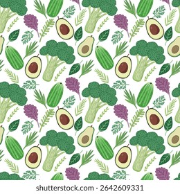 Padrão sem emenda com legumes, ingredientes saudáveis, abacate, brócolis, rúcula, alho-poró, pepino. Comida vegana e saudável. Alimentos orgânicos agrícolas, papel de embrulho e têxteis