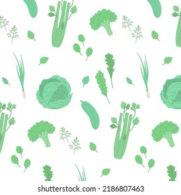 Seamless pattern of vegetables and herbs in hand-drawn style.