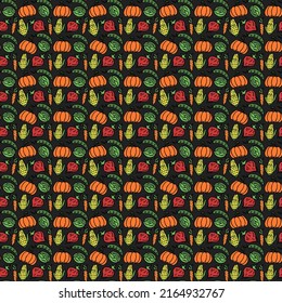 Seamless pattern with vegetables icons. Colored doodle vegetables pattern. Food background