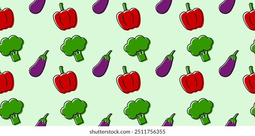 Seamless pattern with vegetables. Icons of pepper, broccoli, eggplant for fabric design, cover, packaging of proper food products. Vector graphics 