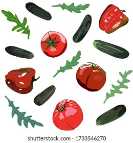 Patrón sin foco, ilustración de las verduras pepinos de tomates y hojas de arúgula diseño de vectores leguminosas frescas