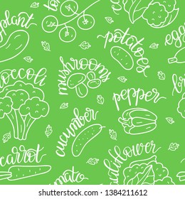 Seamless pattern vegetables with inscriptions. Vegetarian healthy food. Vector hand drawn illustration.