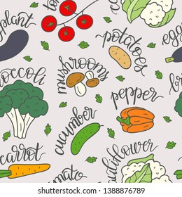 Seamless pattern vegetables with inscriptions. Vegetarian healthy food. Vector illustration.