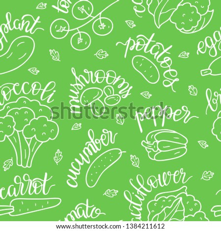 Seamless pattern vegetables with inscriptions. Vegetarian healthy food. Vector hand drawn illustration.