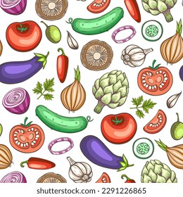 Seamless pattern with vegetables for the keto diet.  Low carb food for ketogenic diet. Hand drawn vector doodle illustrations.