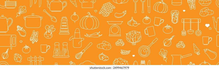 Seamless pattern with vegetables and kitchen utensils. Vector