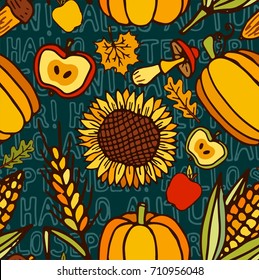 Seamless pattern with vegetables and leaves. Autumn design. Corn, pumpkin, maple, apples, acorn, mushroom, ear. Vector illustration