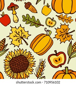 Seamless pattern with vegetables and leaves. Autumn design. Corn, pumpkin, maple, apples, acorn, mushroom, ear. Vector illustration