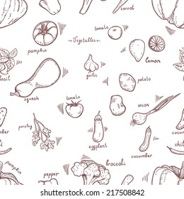 Seamless pattern of vegetables, line art, monochrome