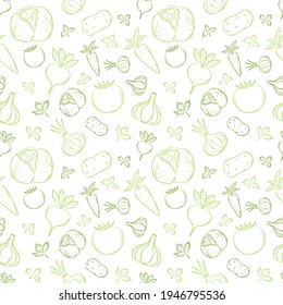 Seamless pattern with vegetables in a linear, hand-drawn style. Summer vegetables. Outline elements. Vector illustration in a flat style. Green vegetables isolated on a white background.