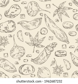 Seamless pattern with vegetables: manihot esculenta, cassava root, tuber of jicama, yacon root, potatoes. Vector hand drawn illustration.