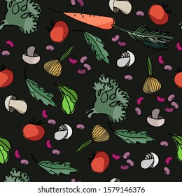 Seamless pattern with vegetables, mushrooms, beans and greens for surface design, posters, illustrations. Isolated elements on black background. Healthy foods theme