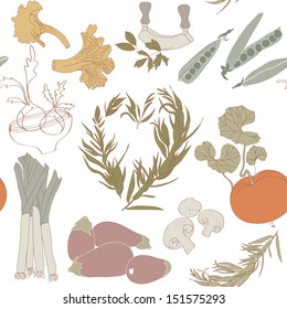 seamless pattern with vegetables, mushrooms and herbs on white background 