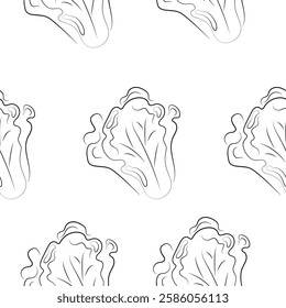 seamless pattern with vegetables, namely cabbage, drawn in line art style, for food or textile packaging