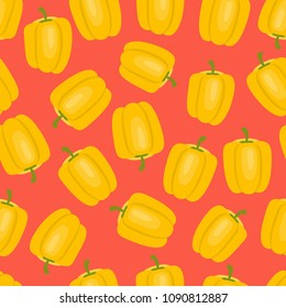 Seamless pattern with vegetables on a bright background. Yellow pepper on a red background. Vegetable print. Vector illustration