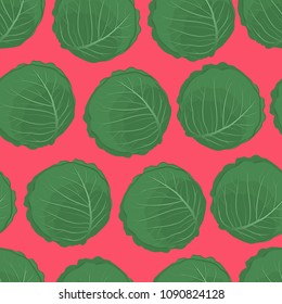 Seamless pattern with vegetables on a bright background. Green cabbage on a pink background. Vegetable print. Vector illustration