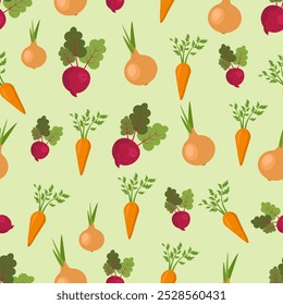 Seamless pattern with vegetables on a green background. Carrots, onions, beets