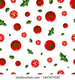 Seamless pattern with vegetables on a white background. Pattern with basil, tomato. Vector illustration.