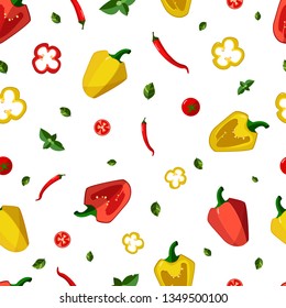 Seamless pattern with vegetables on a white background. Pattern with pepper, tomato, chili, basil. Vector illustration.