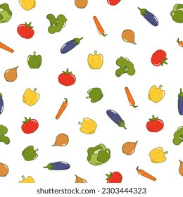 Seamless pattern of vegetables on a white background. Tomato, red pepper, green pepper, yellow pepper, bell pepper, eggplant, cabbage, carrot, onion, broccoli.