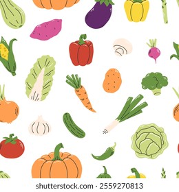 Seamless pattern with vegetables on white background. Vegetables vector Illustration background.